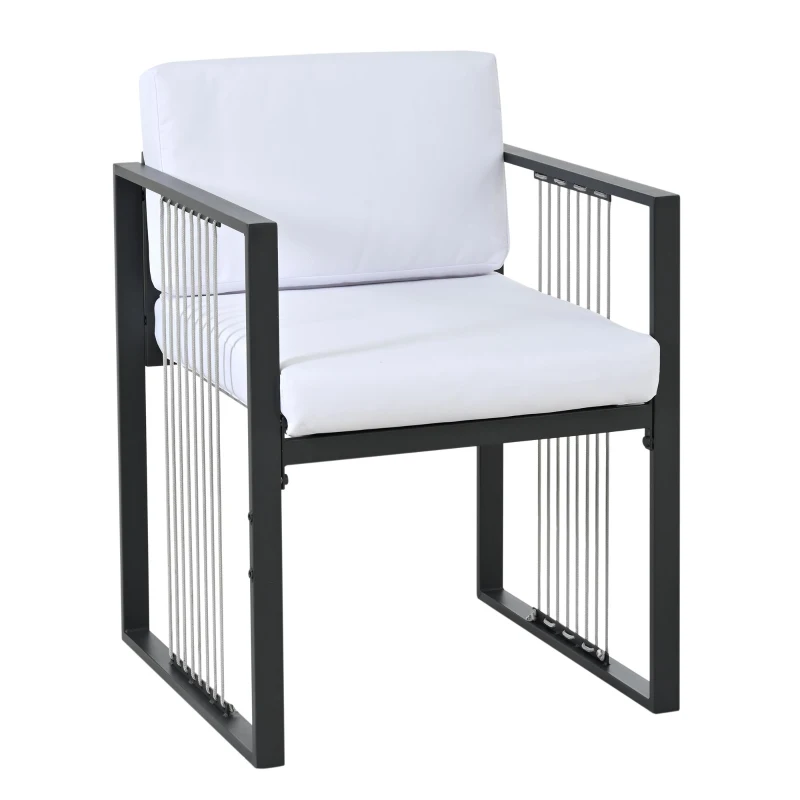 7-teiliges Garten-Essset für 6 Personen, Tisch aus gehärtetem Glas, 4 geflochtene Sessel und 2 Fußhocker, Schwarz+Weiß