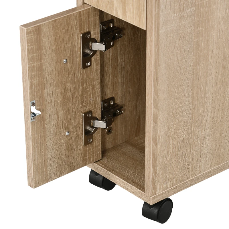 kleankin Armario de Baño con Ruedas Mueble Auxiliar para Baño con Estante Abierto Puerta y Cajón 18x30x68,5 cm Roble