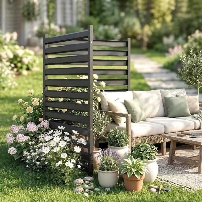 Outsunny Valla de jardín 2 paneles 91 x 152 cm valla metálica de privacidad con postes & tapas protectoras resistente al óxido Negro