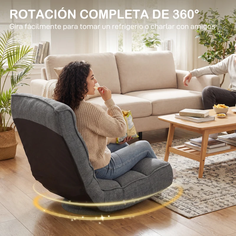 HOMCOM Silla de Suelo Plegable Silla de Lectura Giratoria 360° con Respaldo Ajustable en 5 Posiciones 58x107x79 cm Gris