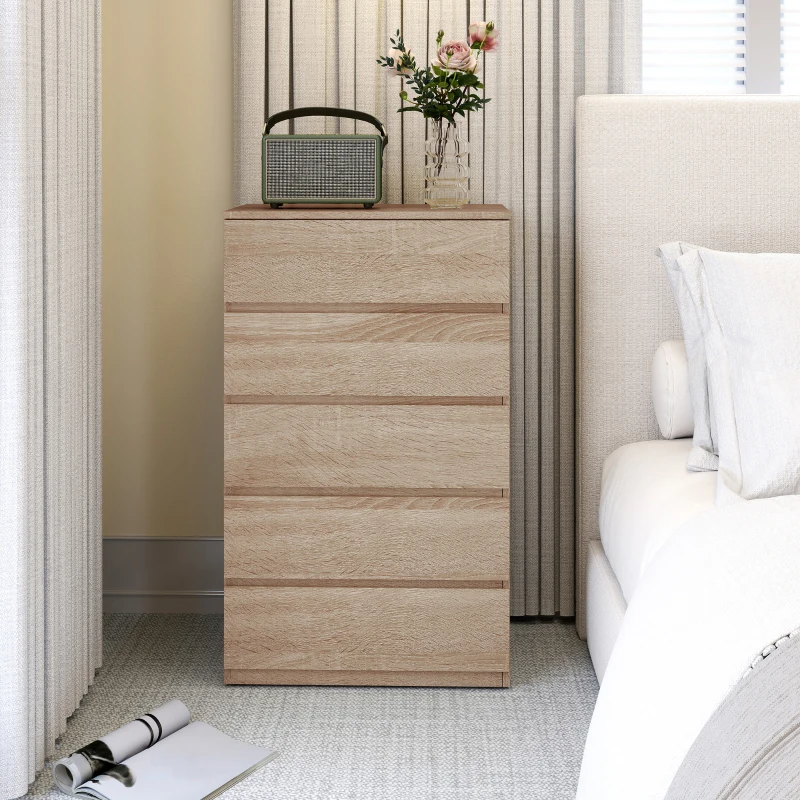 HOMCOM Comodă cu 5 Sertare din Lemn cu Ghidaje Metalice și Mânere Canelate, 60x39x100 cm, Lemn Natural