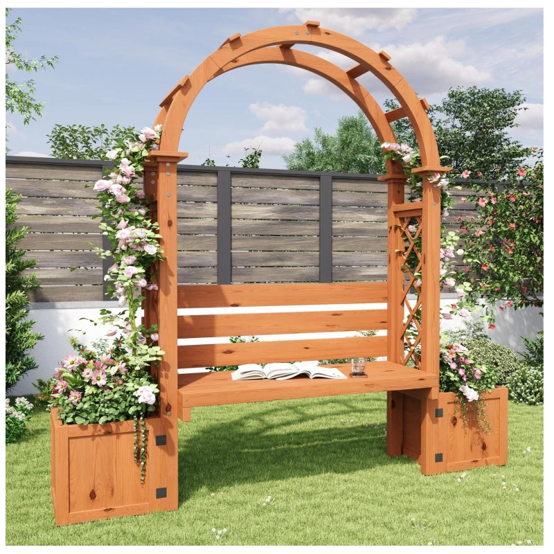 Banco-pérgola con maceteros y enrejado curvado, función triple: banco, macetero y soporte para trepadoras, 160x30,5x160 cm, Color natural