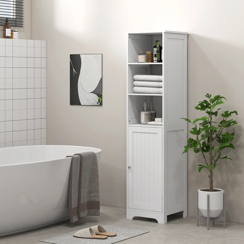 HOMCOM Slim Bathroom Storage Cabinet, Tall Bathroom Cabinet with 3 Open Shelves and Adjustable Shelf, White
