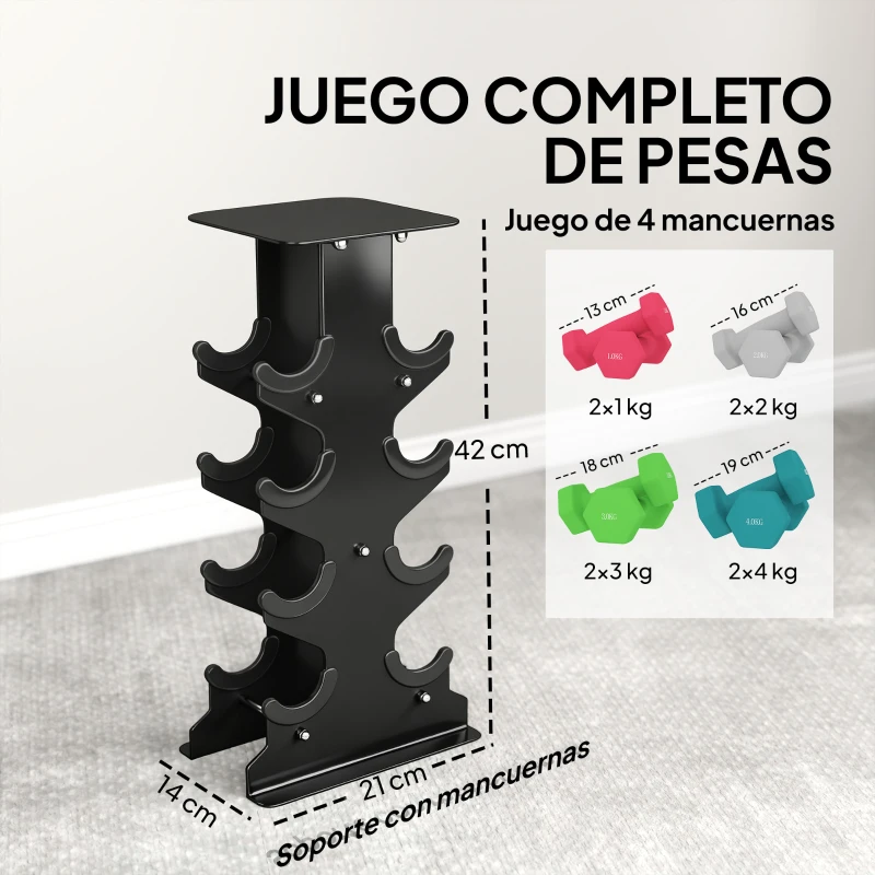 SPORTNOW Juego de Mancuernas 2x1kg 2x2kg 2x3kg 2x4kg con Soporte de Almacenamiento para Ejercicio Entrenamiento Multicolor
