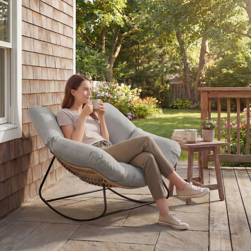 Outsunny Indoor Outdoor Rocking Chair, Oversized Rocking Egg Chair with Cushion for Living Room, Garden, Patio, Light Grey