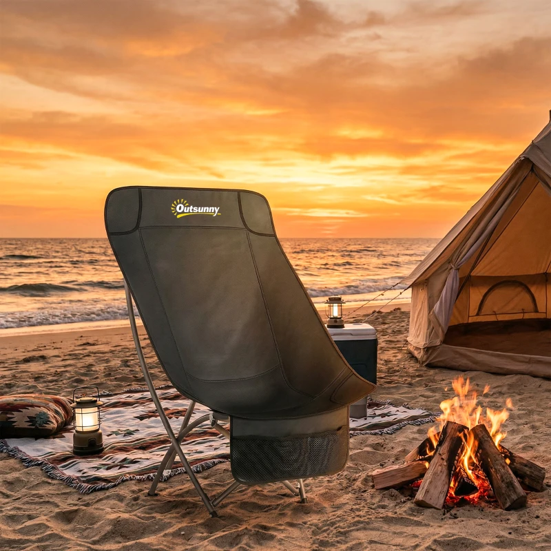 Outsunny Camping Chair for Adults Heavy Duty Folding Camp Chair with Side Pocket and Carry Bag Black