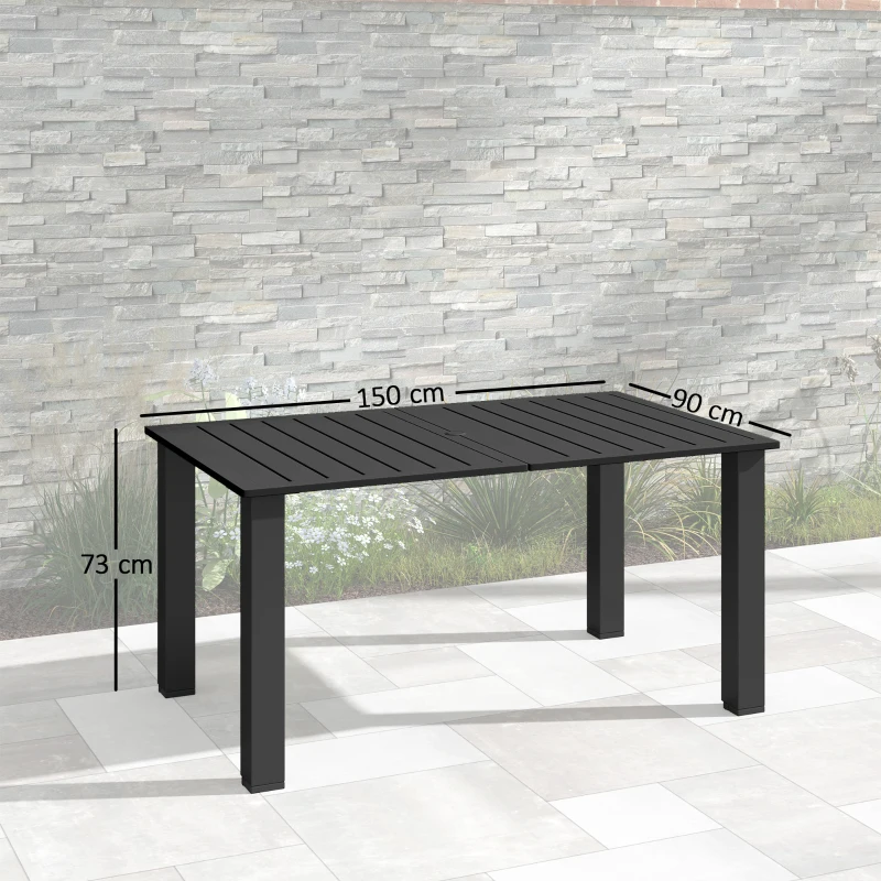 Outsunny Mesa de jardín para 4 a 6 personas, mesa de comedor exterior con orificio para parasol tablero de lamas 150 x 90 x 73 cm negro