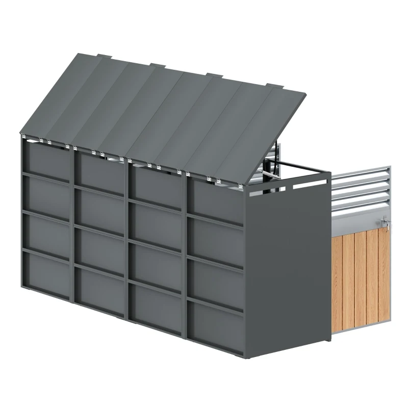 Mülltonnenbox mit hydraulischem Klappdeckel, 4-türiges Aufbewahrungsmodul, Lüftungslamellen, 264x80x118,5 cm, Grau+Naturfarbe