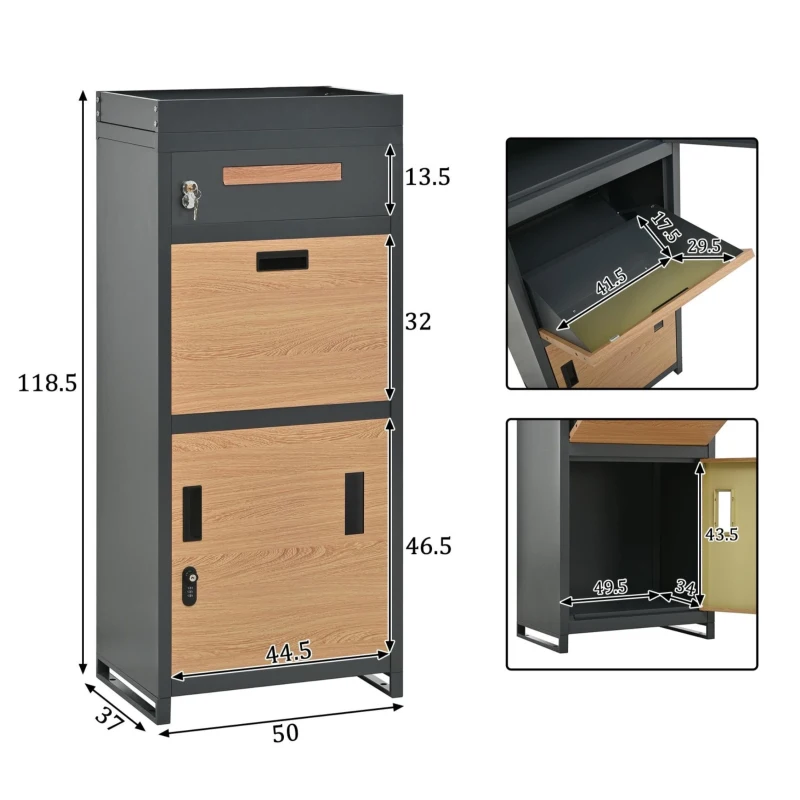 Paket- und Briefkasten mit integriertem Blumentrog, 50x37x118,5 cm, Grau+Naturfarbe