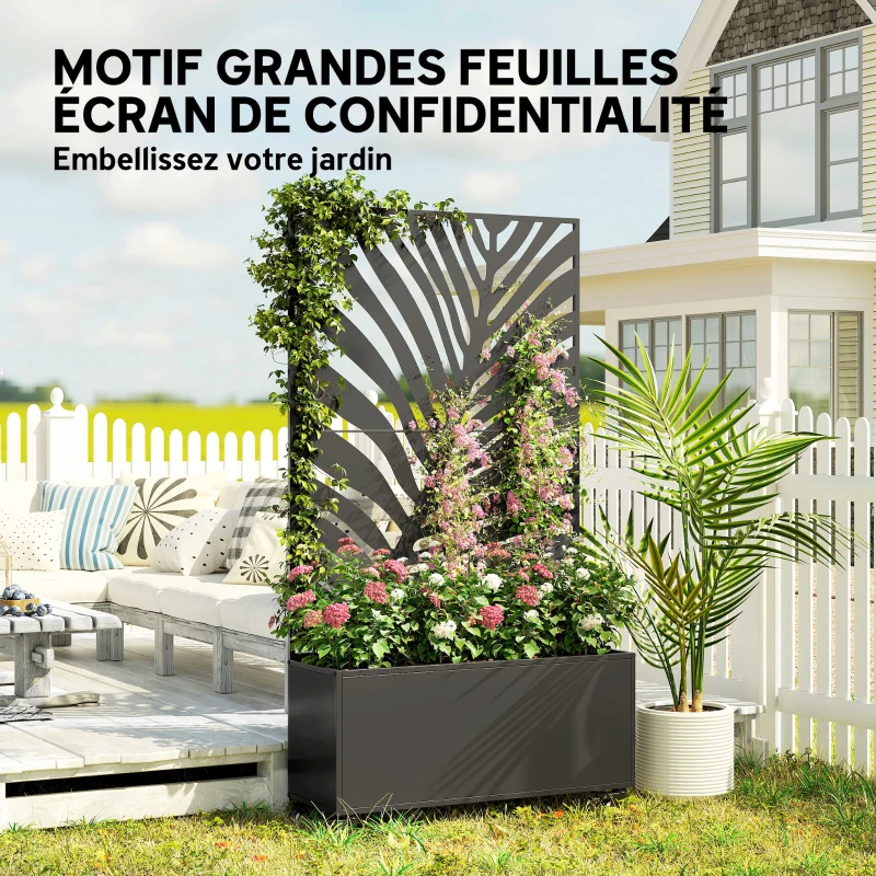 Outsunny Jardinière avec treillis, bac à fleurs, avec brise-vue et roulettes verrouillables, métal, 90 x 30 x 160 cm, noir