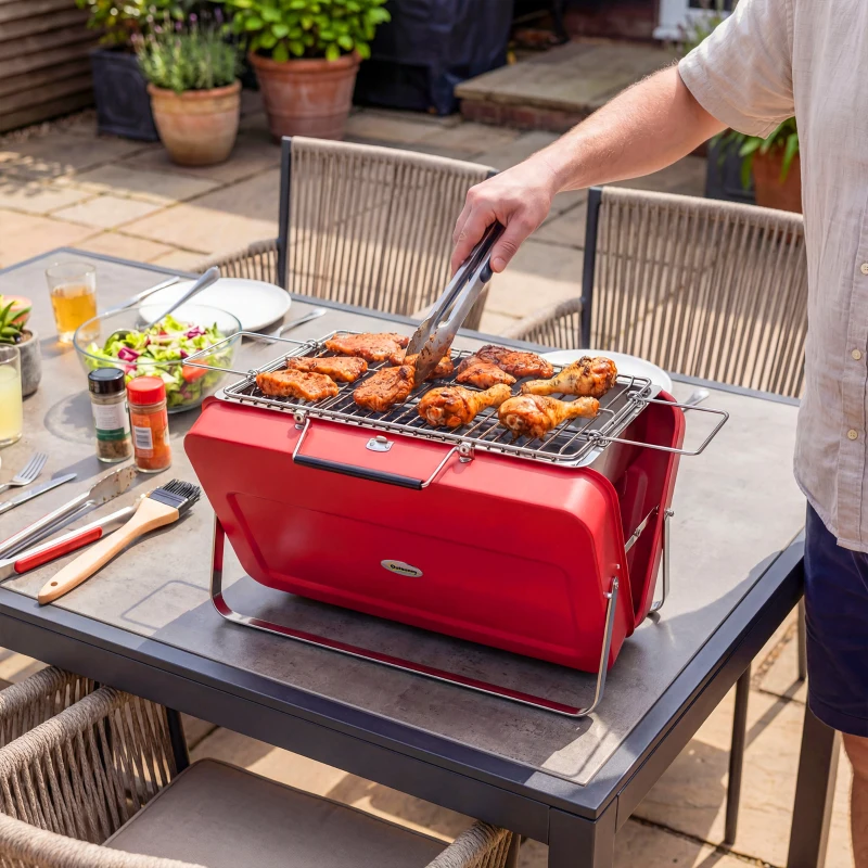 Outsunny Portable Mini Charcoal Barbecue Grill with Suitcase Shell, Outdoor Folding Tabletop BBQ Grill, Red