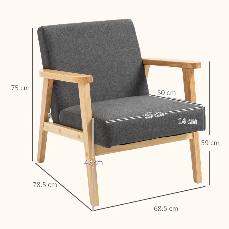 HOMCOM Fabric Accent Chair for Living Room, Arm Chair with Rubber Wood Frame and Padded Cushion, Dark Grey