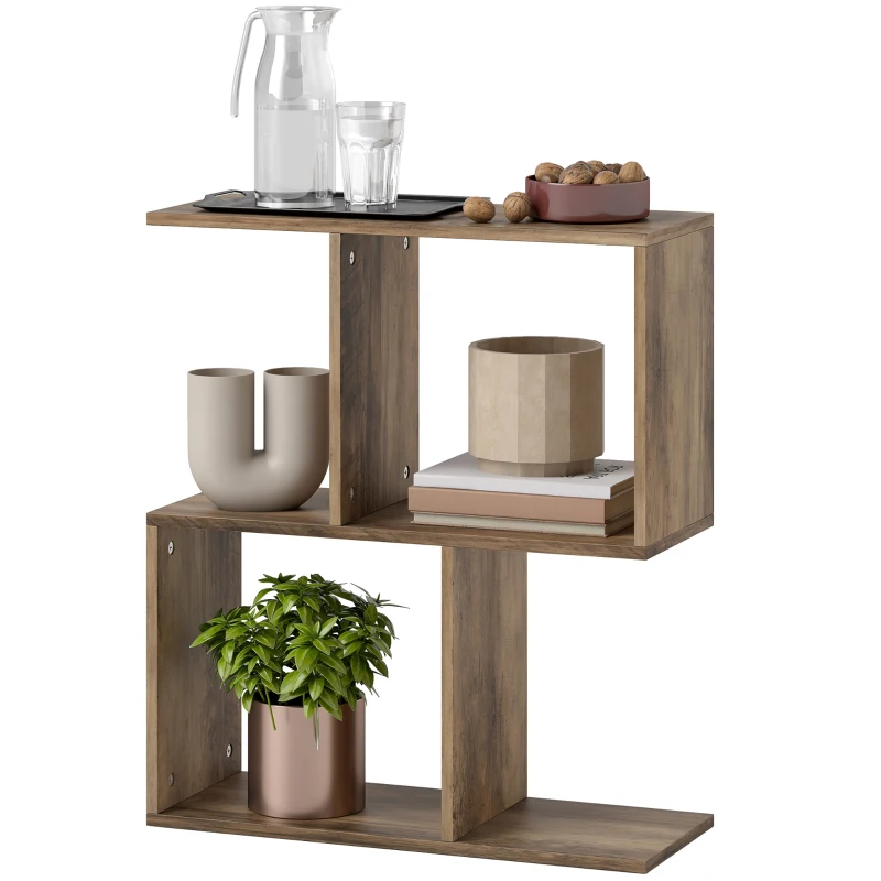 HOMCOM Side Table, Narrow End Table with Storage Shelves, S-Shaped, 3-Tier, 50W x 19.5D x 58H cm, Oak