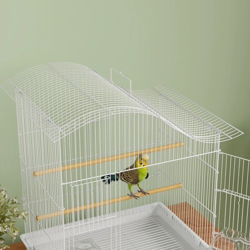 PawHut Colivie pentru Păsări cu 4 Uși, 2 Boluri, 2 Stinghii și Tavă Detașabilă, Volieră din Metal și Plastic, 47,5x36x54,5 cm, Alb