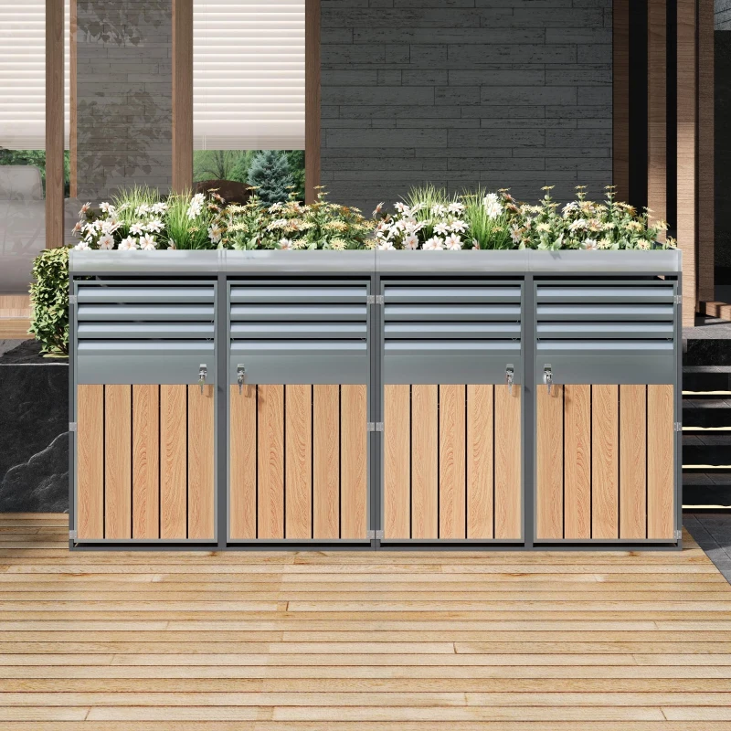 Mülltonnenbox mit integrierter Pflanzfläche, abschließbarer 4‑Fach‑Mülltonnenschrank, 264x80x124,5 cm, Grau+Naturfarbe