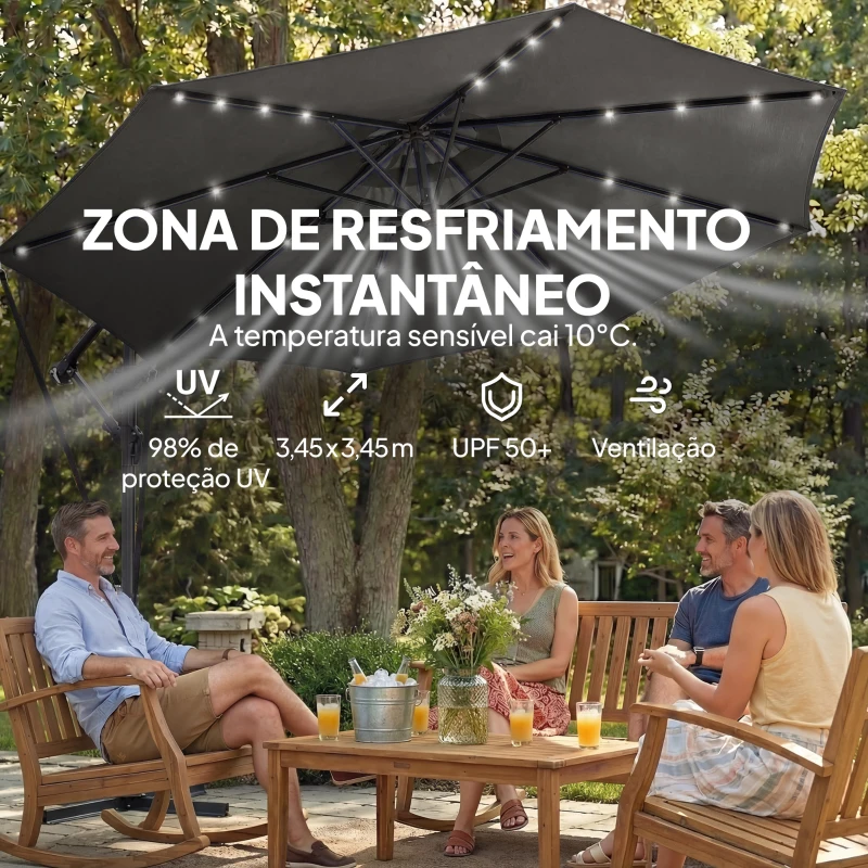 Outsunny Chapéu de Sol Excêntrico com Luzes LED Solares Ø345 cm Base Cruzada Manivela Capa Protetora Cinza Escuro