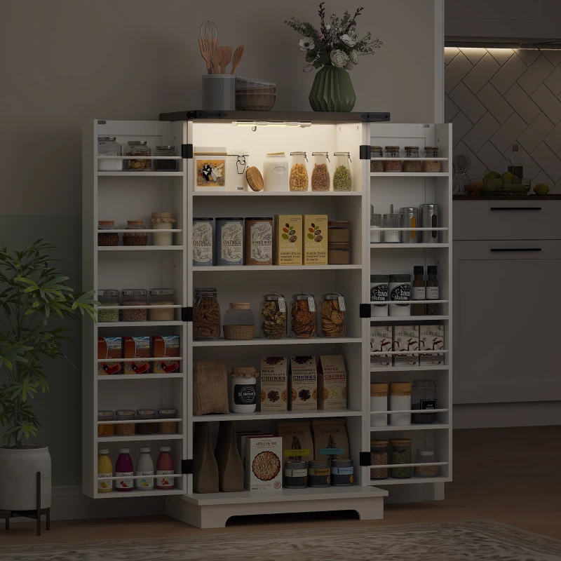HOMCOM Bufet pentru bucătărie, corp de depozitare pentru bucătărie, cu 12 rafturi pe uși, lumină LED magnetică, 60 x 40 x 120 cm, alb