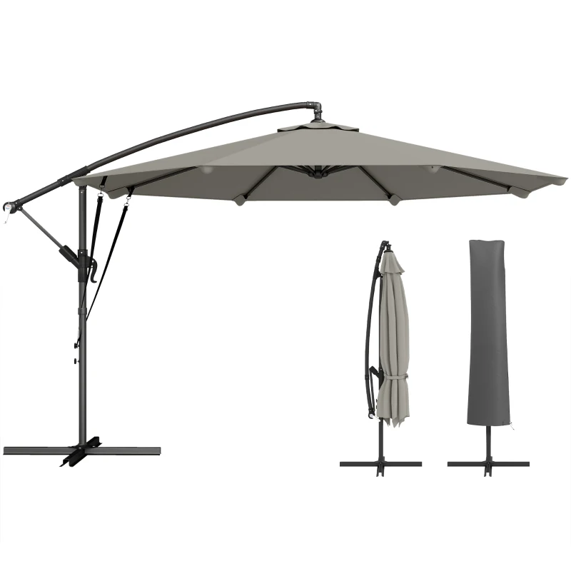 Outsunny 3 m Cantilever Parasol with Protective Cover and Wind Ropes, Banana Parasol with Crank Handle, Light Grey