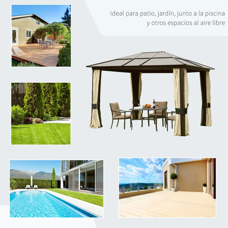 Outsunny Cenador para Jardín 3x3,6 m con Marco de Alumnio Pabellón para Exterior con Techo de Policarbonato Anti-UV Gazebo para Fiestas Eventos Beige