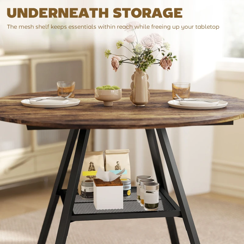 HOMCOM Dining Table for 4 People, 100 cm Round Industrial Kitchen Table with Storage Shelf, Rustic Brown