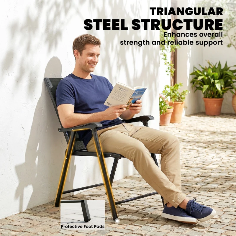 Outsunny Folding Garden Chairs Set of 4, Foldable Garden Dining Chairs with High Back, Armrests, Texteline Seat, Black