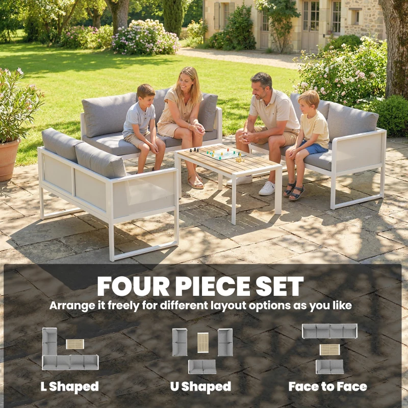 Outsunny 6 Seater Metal Garden Furniture Corner Sofa Set with 3 Loveseats, Faux Wood Table, Texteline Seat, Cushions, White