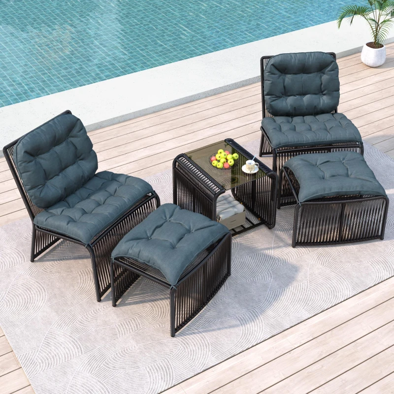 5-teiliges Outdoor Gartenmöbel-Set, Balkon-Loungeset mit 2 Stühlen, 2 Hockern und Glastisch, Schwarz+Grau