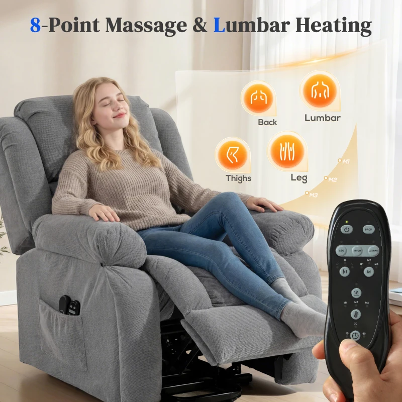 HOMCOM Recliner Armchair Lift Chair, Electric Recliner Chair with Vibration Massage and Heat, Wide Seat, USB Port, Light Grey