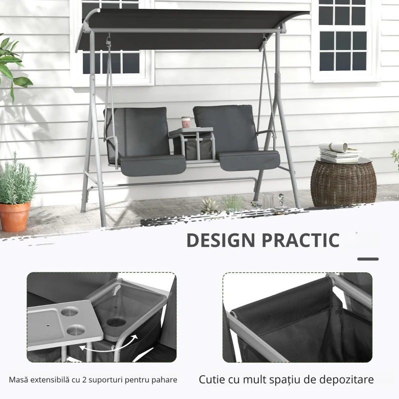 Outsunny Balansoar Exterior cu Măsuță de Cafea și Suport Central pentru Pahare, Leagăn cu 2 Locuri și Acoperiș, 175x112x158 cm, Gri