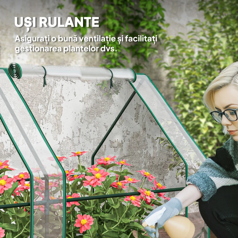 Outsunny Mini Seră de Grădină cu 4 Uși Rulabile și Prelată Extinsă, din Oțel și PE, 360x90x90 cm, Transparentă