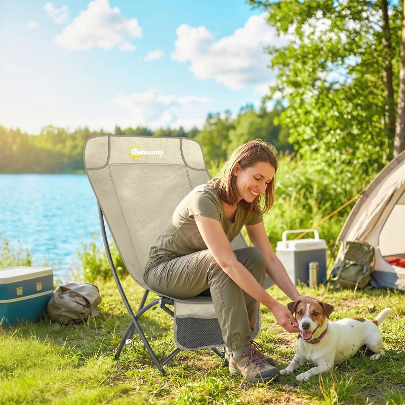 Outsunny Camping Chair for Adults Heavy Duty Folding Camp Chair with Side Pocket and Carry Bag Khaki