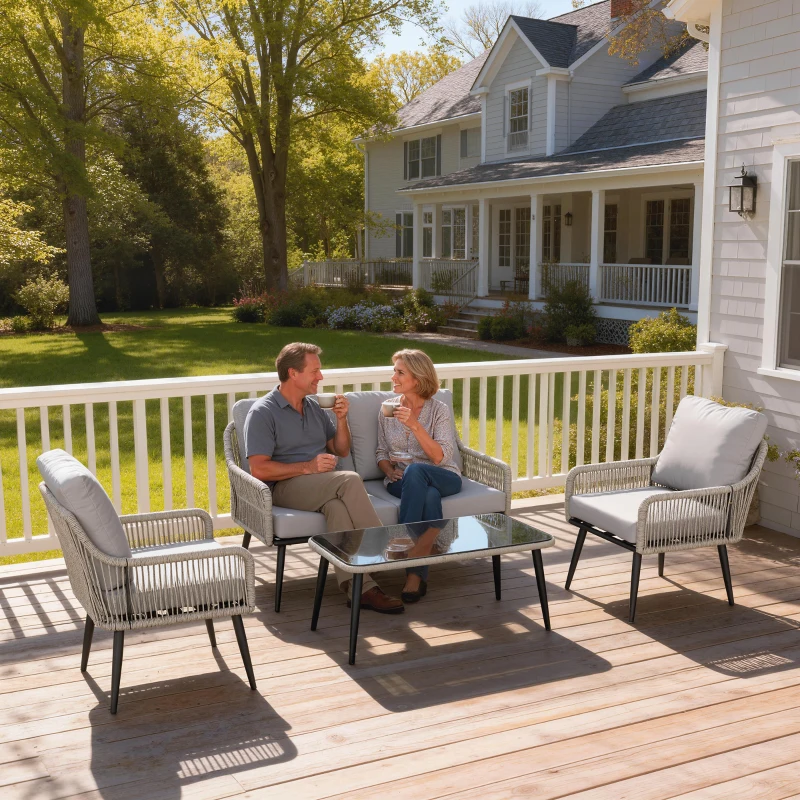 Outsunny Rattan Garden Furniture Set, 4 Piece Outdoor Patio Furniture with Tempered Glass Table and Chairs, Indoor Balcony Conservatory Set