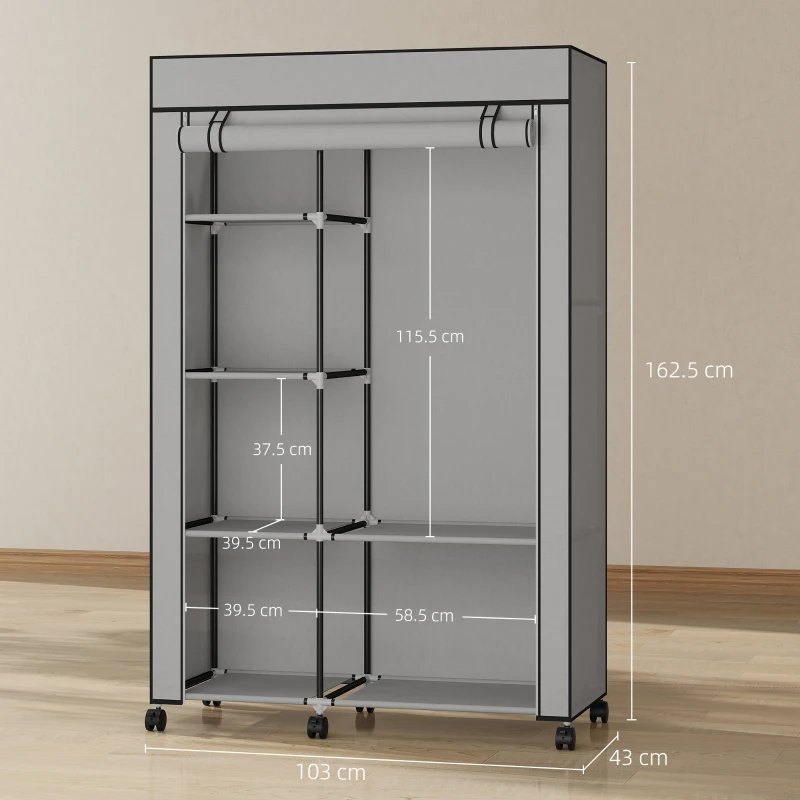 HOMCOM Dulap-penderie din material textil, mobilier de depozitare, 6 roți, bară pentru haine și rafturi deschise, 103x43x162,5cm gri