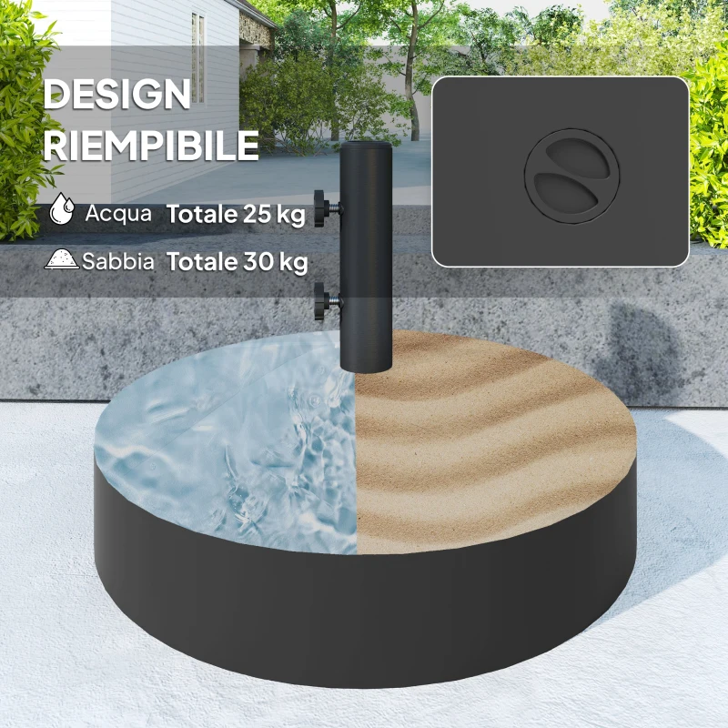 Outsunny Base per Ombrellone Riempibile con Acqua 25kg/Sabbia a 30 kg, per Pali di Ombrelloni da Ø36/38/48 mm, Nero