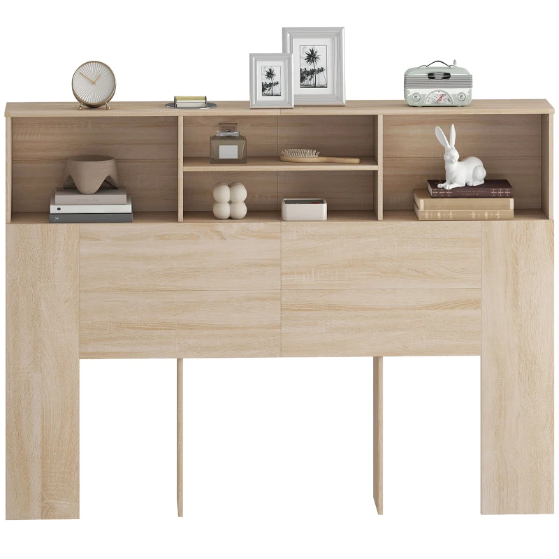 HOMCOM Tăblie pe picioare cu depozitare, accesoriu pentru pat cu 4 compartimente deschise, 140 x 19 x 103,5 cm, efect lemn natural