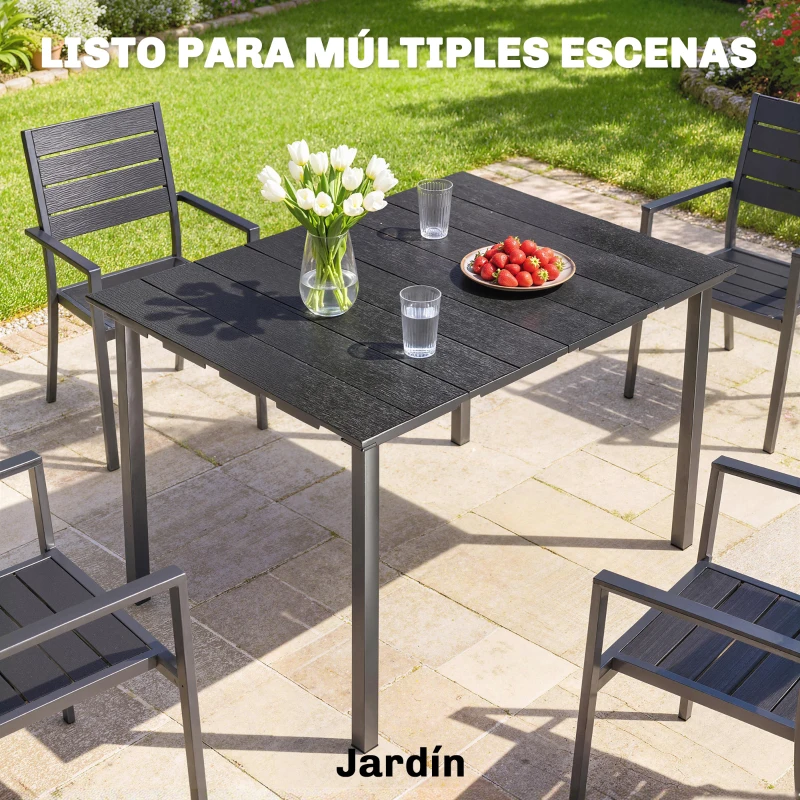 Outsunny Mesa de Comedor de Jardín para 6 Personas con Superficie de HDPE Estructura Metálica para Patio 120x90x74 cm Negro