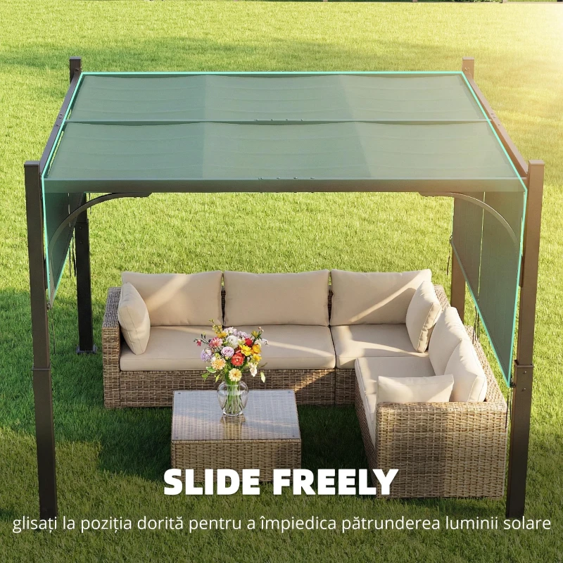 Outsunny Pergolă de grădină 3 x 3 m tonelă de grădină cu copertină glisantă, structură metalică, pentru exterior, Gri Închis