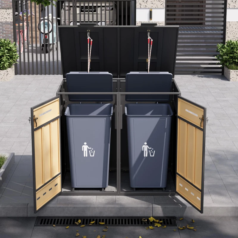 Mülltonnenbox mit Belüftungslöchern, für 2x 120–240 l und den Außenbereich geeignet, 132x84,5x118 cm, Grau+Naturfarbe