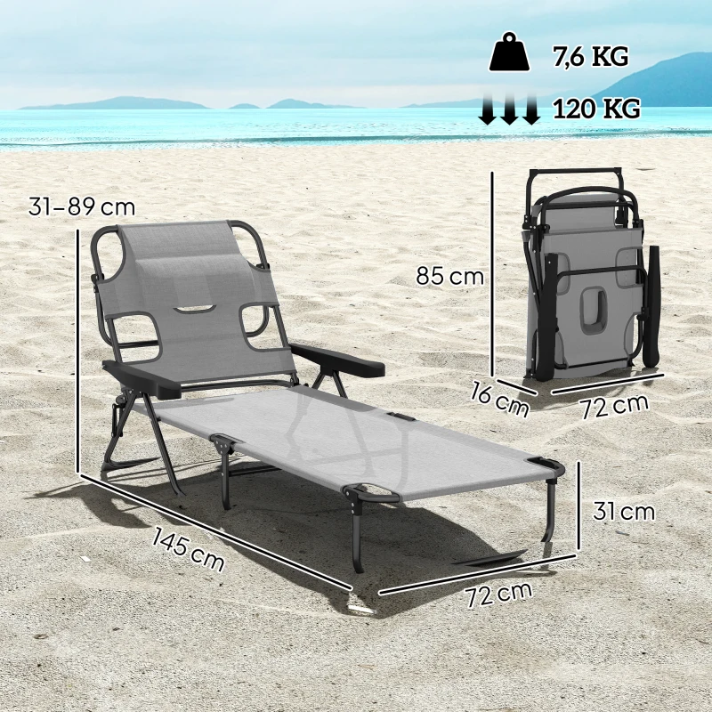Outsunny Espreguiçadeira Dobrável Encosto Ajustável Orifício de Leitura Almofada de Apoio e Braços Carga 120 kg 145x72x89 cm Cinzento Escuro