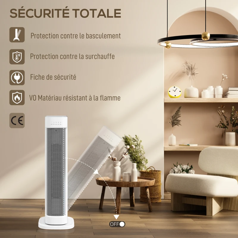 HOMCOM Chauffage d'appoint céramique PTC, radiateur électrique 2000 W avec thermostat réglable, minuterie, 21x19,7x61cm, blanc