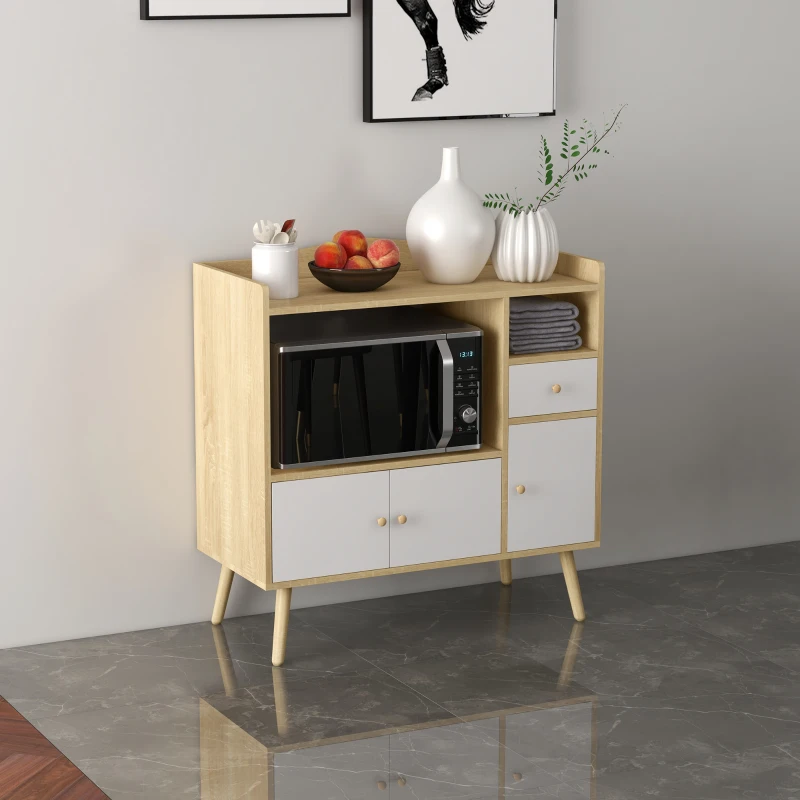HOMCOM Meuble de rangement buffet de cuisine pour micro-ondes avec placards tiroir 85 x 40 x 88,5 cm naturel et blanc