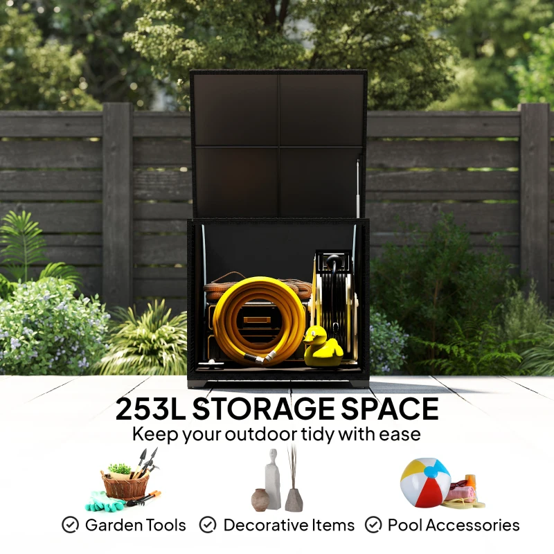 Outsunny 253L Garden Storage Box, Rattan Deck Box with Zipped Liner, Safe Pneumatic Rod, Patio Storage Container, Black