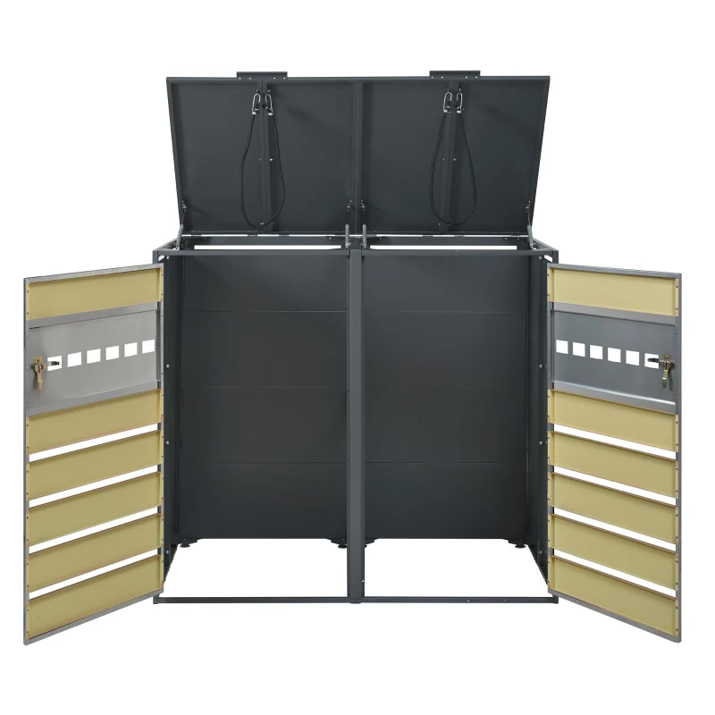 Mülltonnenbox mit hydraulischem Klappdeckel, mit 2 separaten Fächern und abschließbaren Türen, 132x80x118,5 cm, Grau+Naturfarbe
