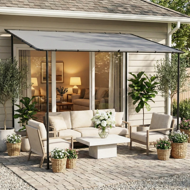 Outsunny 3 x 2 m Lean to Garden Pergola, Metal Frame Gazebo Pergola with UPF30+ Protection, Sloped Roof, Drainage Holes, Grey