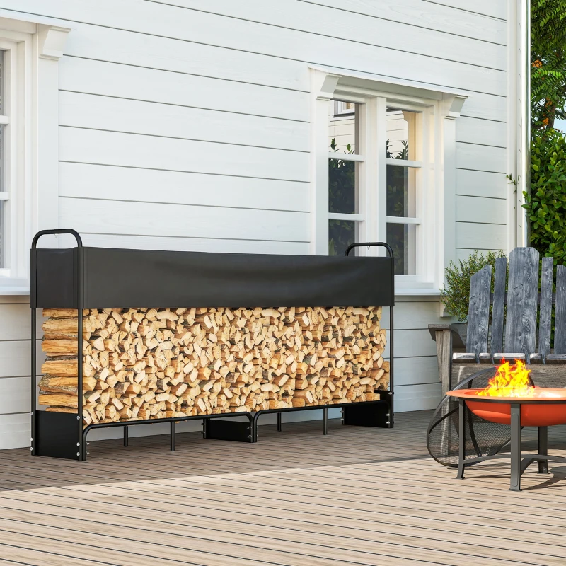 Outsunny Suport lemne exterior, adăpost lemne de foc husă impermeabilă Oxford 600D capacitate 500 kg 260 x 38 x 118 cm negru