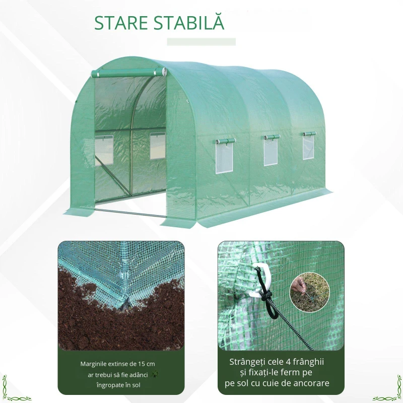 Outsunny Seră de Grădină Tunel 8m² 4L x 2l x 1,9H m Oțel galvanizat Polietilenă cu densitate ridicată ferestre ușă Verde
