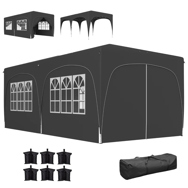 Outsunny Tonelă pliabilă 3 x 6 m Pop-Up, UPF50+ Înălțime reglabilă, cu sac de transport și saci de nisip, gri închis