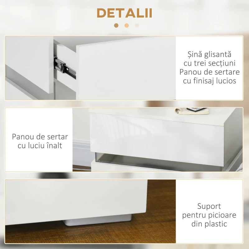 HOMCOM Noptieră cu lumină LED RGB încorporată, 2 sertare, 4 moduri de iluminare și 16 culori, din PAL, 60x39x47cm, Alb