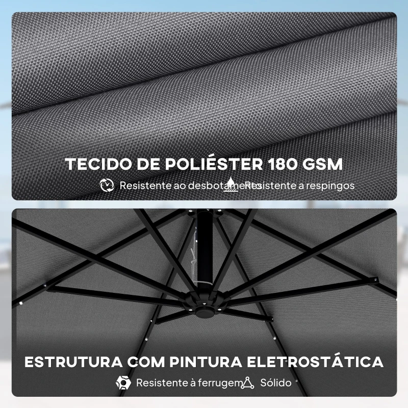 Outsunny Chapéu de Sol Excêntrico com Luzes LED Solares 330x295 cm Chapéu de Sol para Jardim com Base Cruzada Manivela Capa Protetora Cinzento Escuro