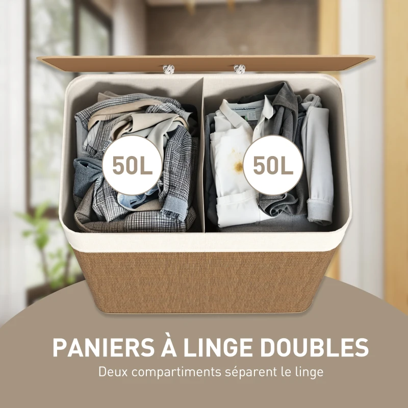 HOMCOM Panier à linge double avec couvercle, panier à linge en bambou 100 L avec poignées en corde